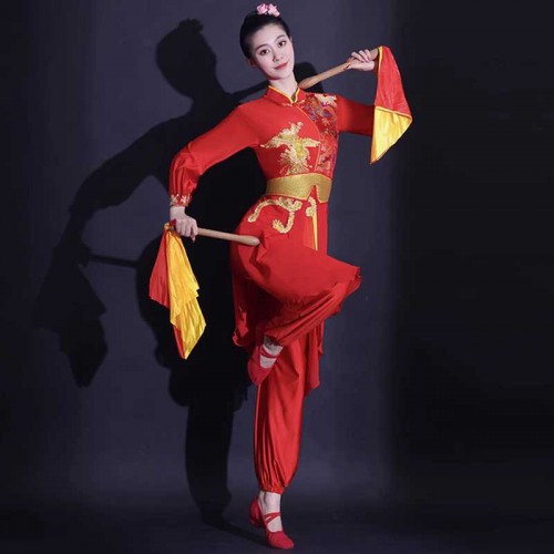 Chinese folk Dragon lion Drumming dance costumes for women traditional Chinese Festival waist drum Yangge dance wear for female